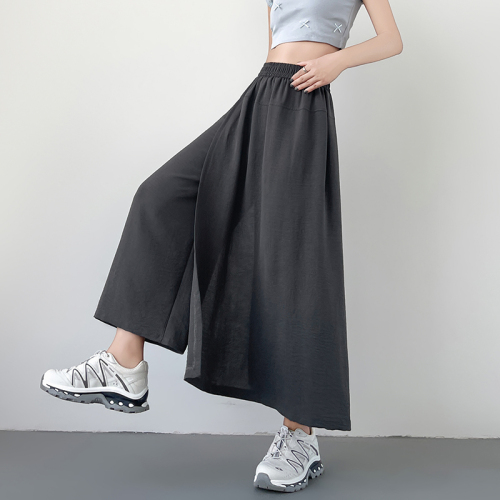 Real shot of ice silk cotton and linen culottes for women 2024 summer straight casual wide leg eight-quarter pants loose slimming skirt