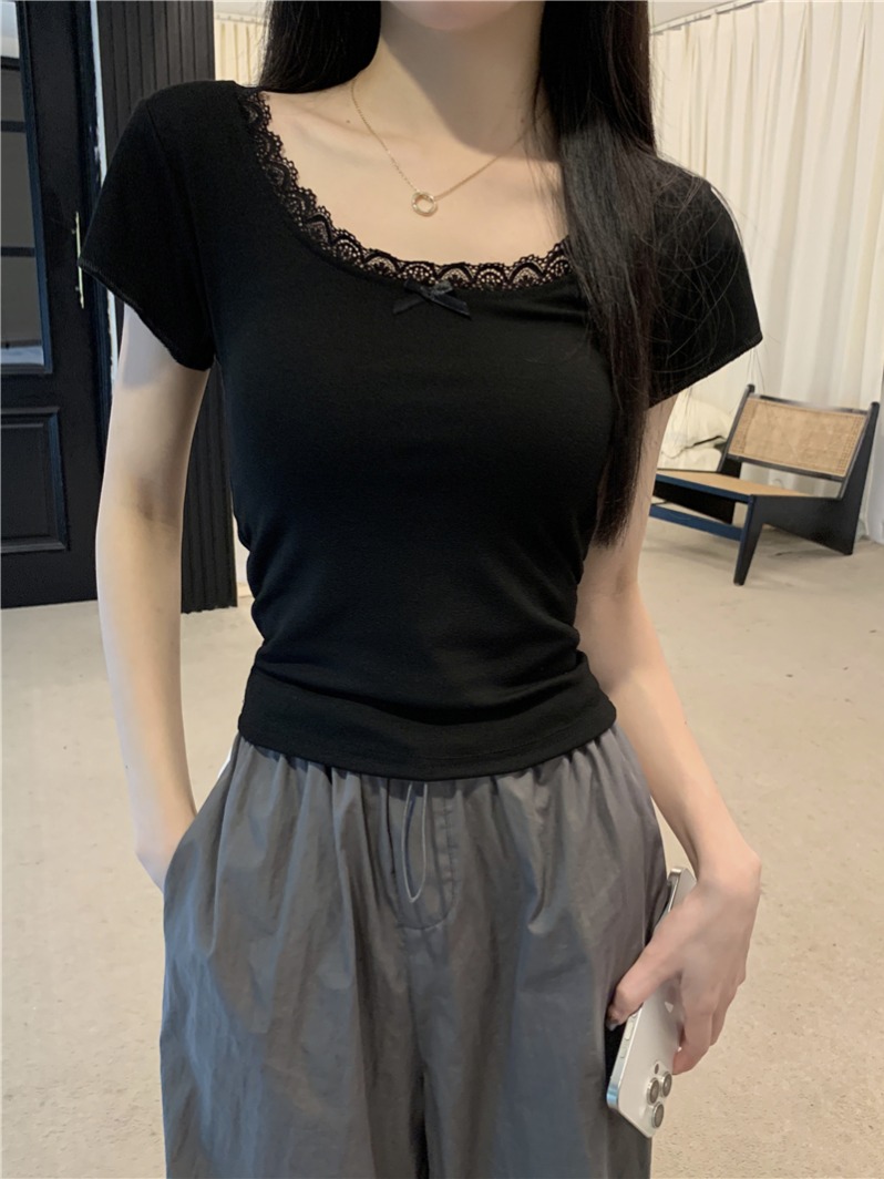實拍 真 夏季蕾絲拼接結短袖T恤女上衣