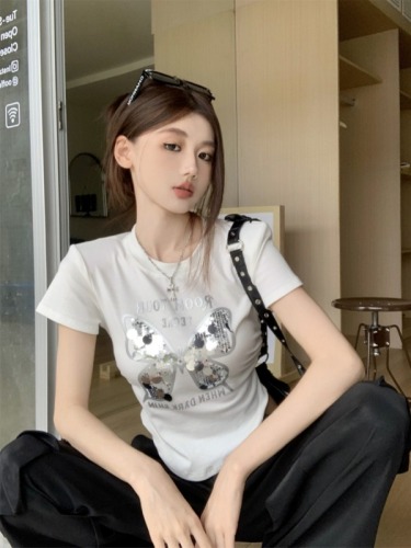 实拍新款韩版小众独特别致亮片蝴蝶字母印花短袖T恤上衣