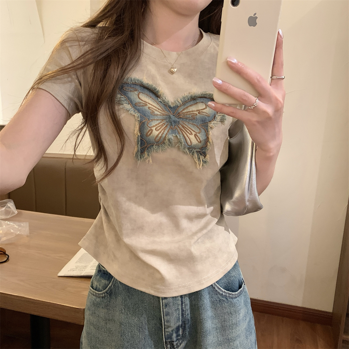 實拍 夏季韓版扎染拼接貼布蝴蝶辣妹褶皺設計純棉短袖T恤上衣