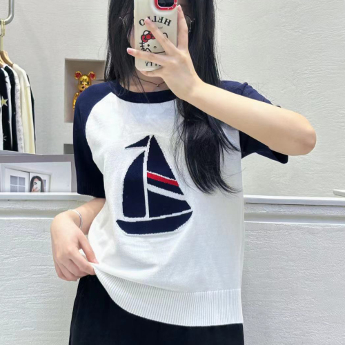 2024 summer new style round neck simple and versatile sailing thin pullover T-shirt sweater women's short-sleeved top