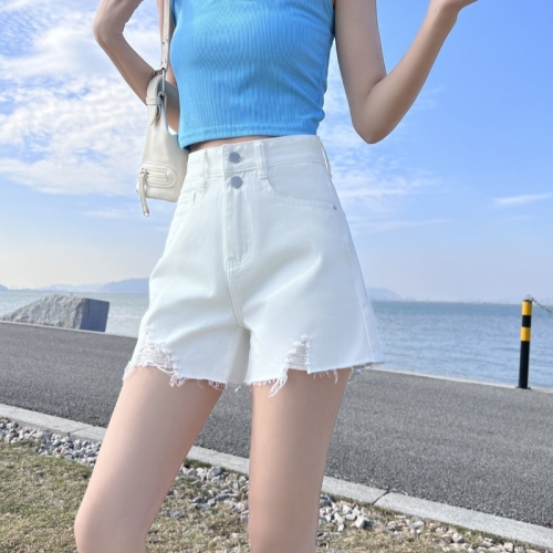 Summer new style ripped denim shorts for women Korean style high waisted two button hottie loose A-line wide leg hot pants