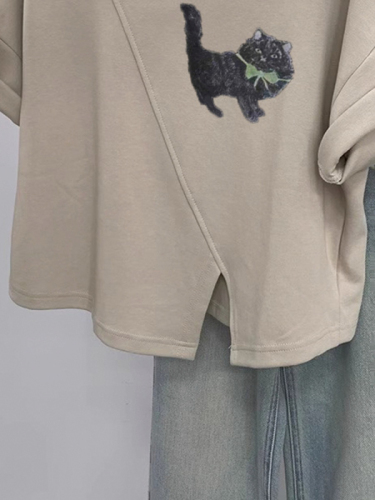 猫咪印花正肩短袖t恤女夏季设计感小个子不规则宽松上衣纯棉230克