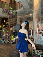 實拍 純欲辣妹布魯士藍連衣裙女法式收腰顯瘦一字肩抹胸短裙