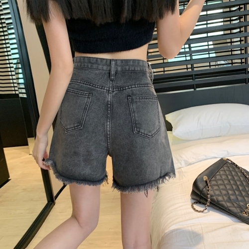 Summer new denim shorts for women, Korean version, high-waisted, loose, slim, A-line, raw edges, versatile wide-leg pants for students