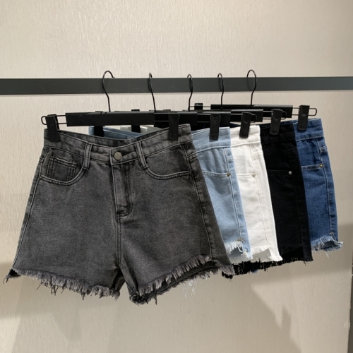 Summer new denim shorts for women, Korean version, high-waisted, loose, slim, A-line, raw edges, versatile wide-leg pants for students