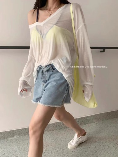 ALL IN Genuine white thin slightly see-through v-neck leaky shoulder long-sleeved T-shirt women's summer loose sun protection blouse top