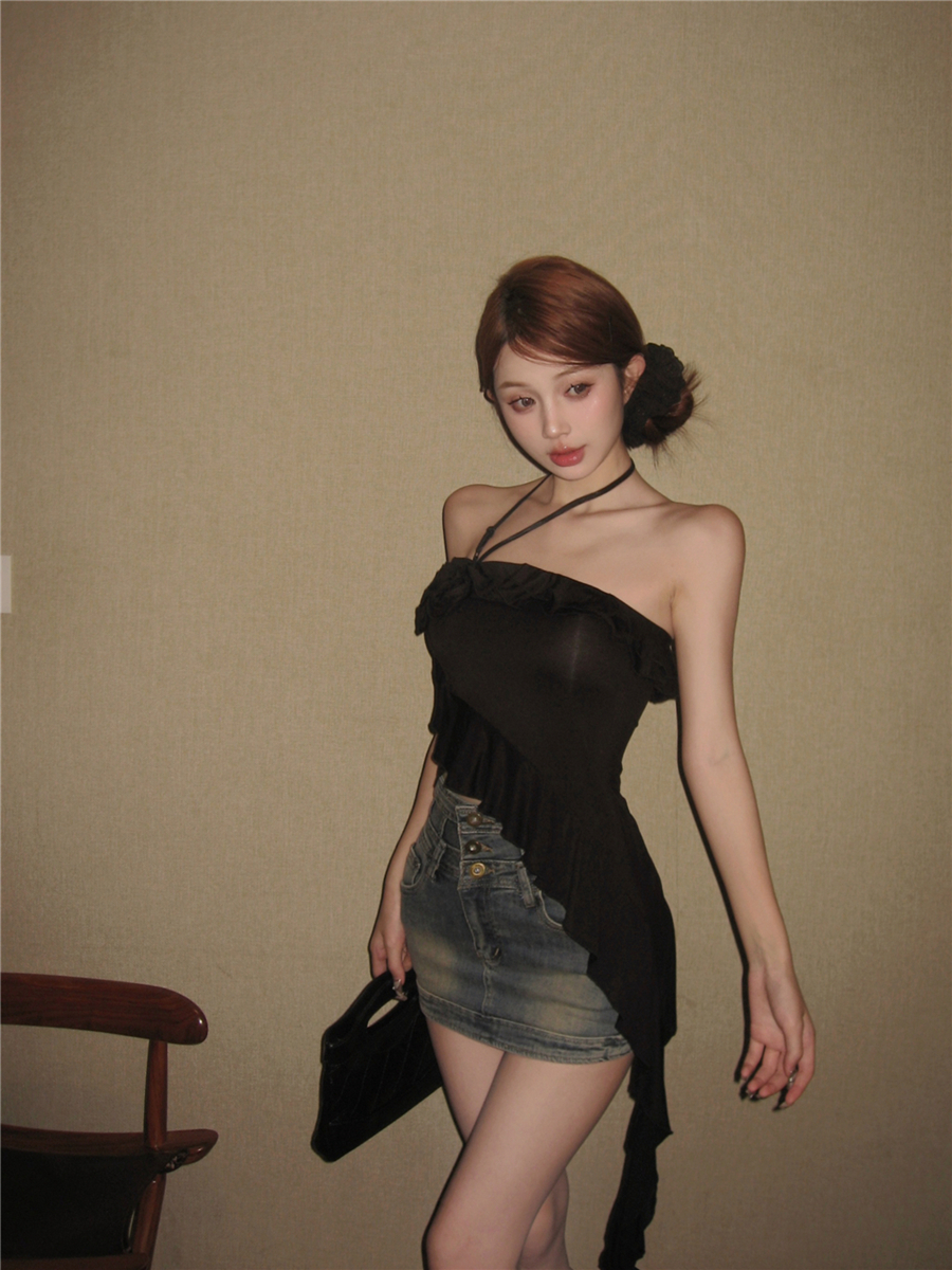 實拍復古性感花朵荷葉邊綁帶不規則掛脖吊帶上衣女