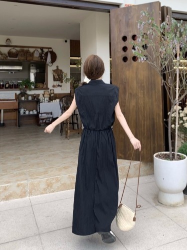 Actual shot of 2024 new summer style sleeveless work shirt top for women + large swing loose long skirt two-piece suit