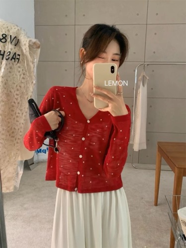 Women's Beaded Knit Cardigan Outerwear, Ice Silk Sunscreen Thin Scarf, Summer Pair with Tank Top Dress, Outer Layer Sweatshirt