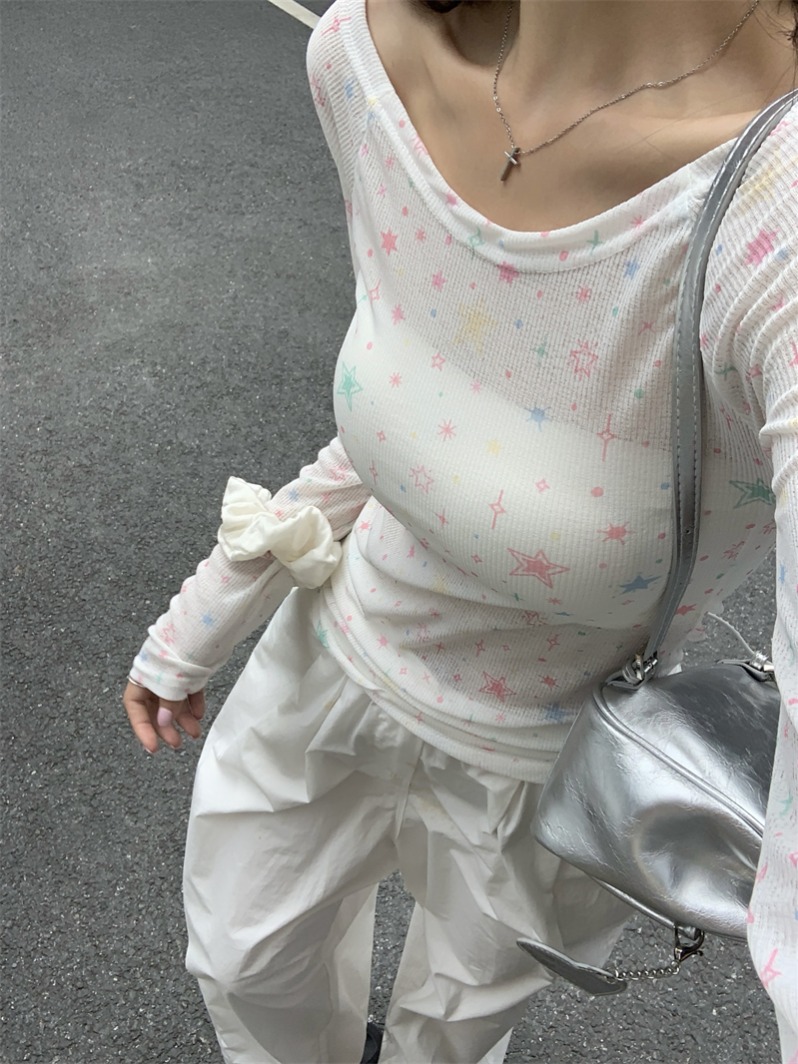 實拍 真 夏季新款設計感星星印花修身薄款防曬衣長袖T恤女