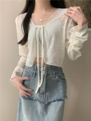 Real shot real new summer thin V-neck lace-up sun protection clothing long-sleeved cardigan for women