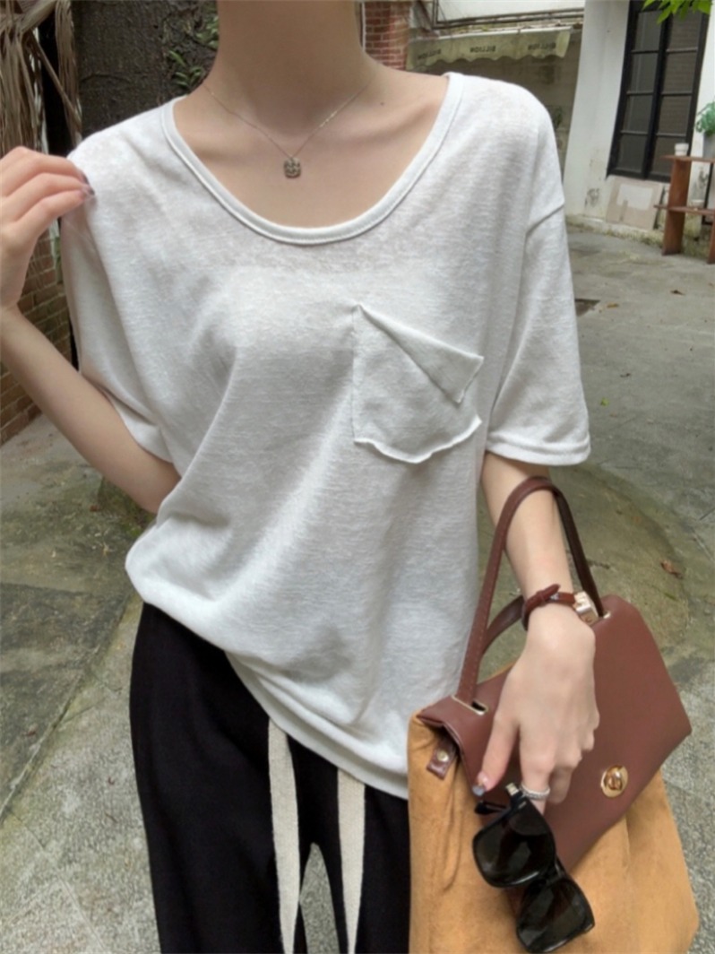 Real shot real new bamboo cotton short-sleeved T-shirt women's U-neck loose slimming top