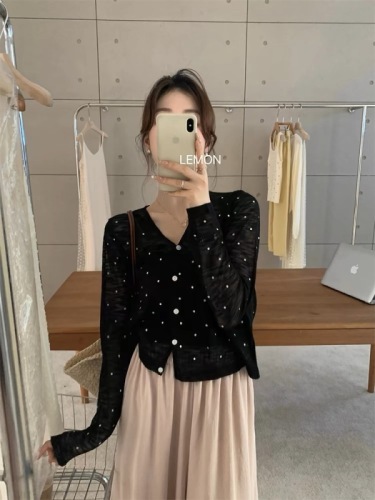 Women's Beaded Knit Cardigan Outerwear, Ice Silk Sunscreen Thin Scarf, Summer Pair with Tank Top Dress, Outer Layer Sweatshirt