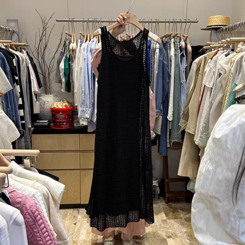 South Korea's Dongdaemun Women's New Hollow Knitted Vest Dress Women's Summer Seaside Resort Style Blouse Dress Long Skirt