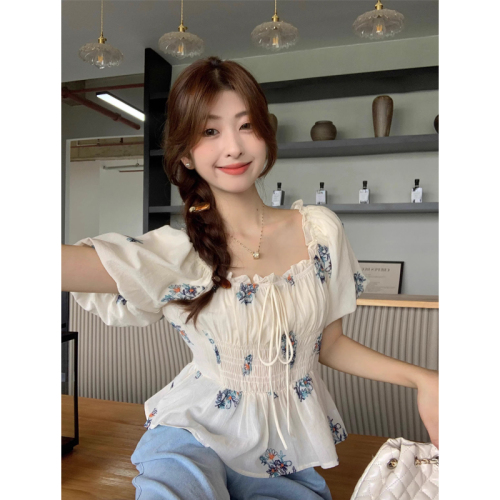 Original workmanship large size floral T-shirt puff sleeve top for women summer fat MM short-sleeved age-reducing chic French shirt