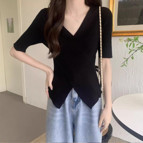 Original workmanship large size fat mm summer 2024 irregular cross short-sleeved women's T-shirt v-neck versatile solid color top