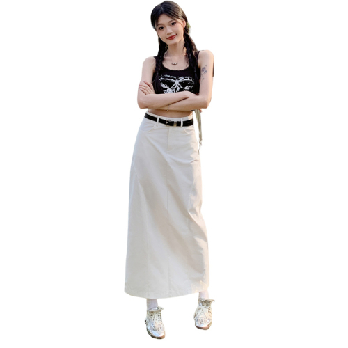 Actual shot of white skirt for women with a niche design for summer, A-line long skirt with rear slit, high-waisted straight skirt