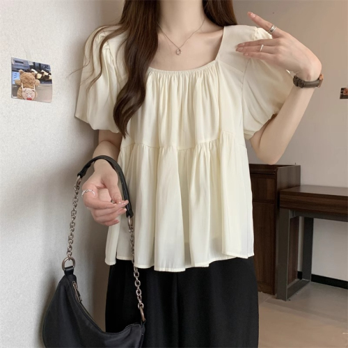 Original workmanship, large size, French square collar, short-sleeved women's summer fat mm, belly-covering, slimming, sweet puff-sleeved short top