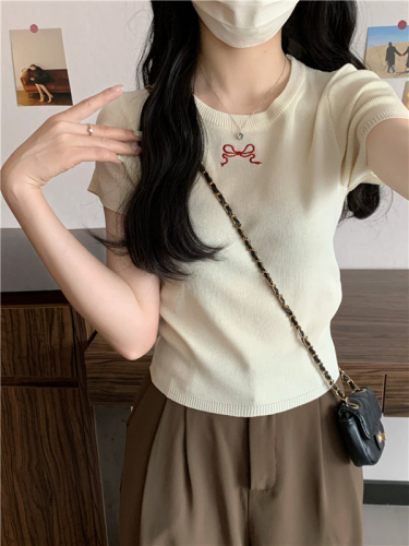 Real shot striped back hollow bow ice silk short-sleeved T-shirt high-end slim knitted sweater top