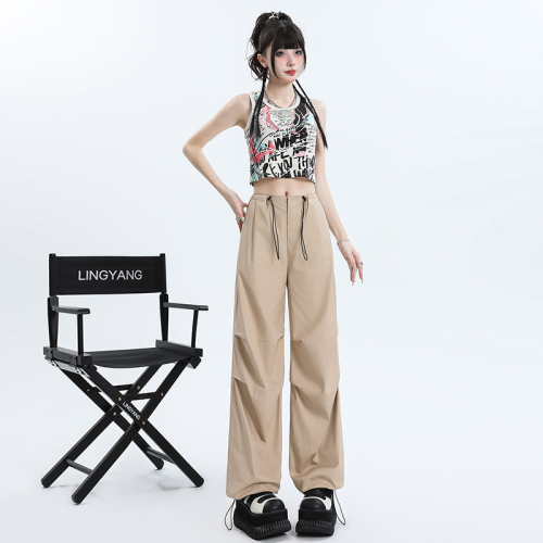 Real shot of summer cool khaki overalls for women, three-dimensional tailoring, slimming, loose yuppie pants, wide-leg pants