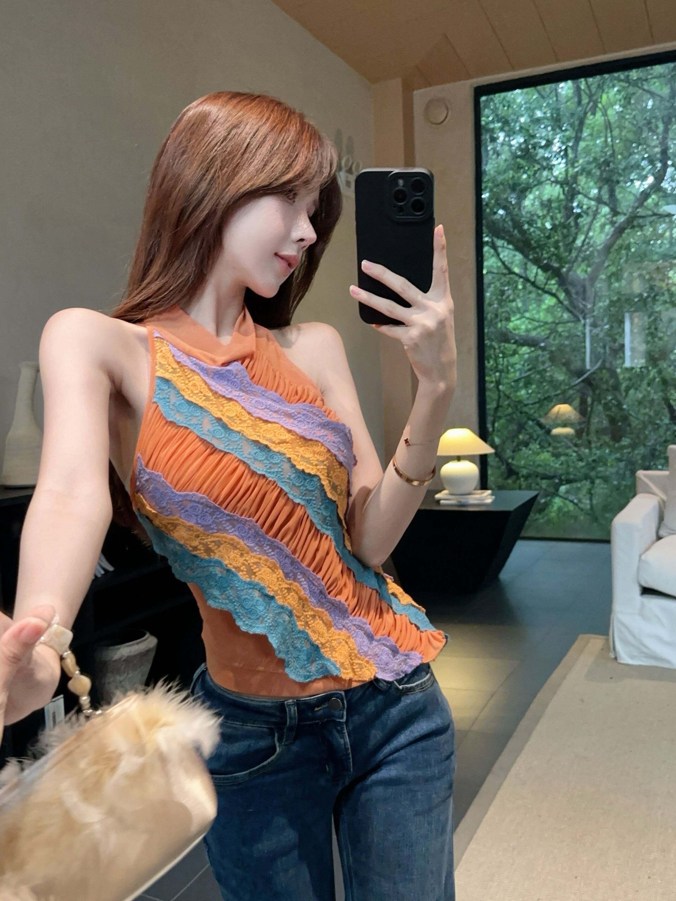 Real shot of designer niche lace splicing vest women's slim slim top summer
