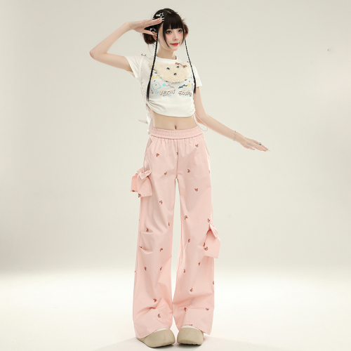 Real shot of bow bear print loose casual pants women's summer high waist wide leg pants floor mopping trousers