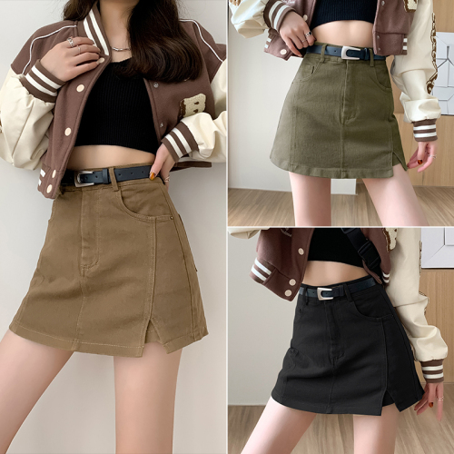 Sweet and cool hot girl military uniform, high-waisted skirt, stretch A-line skirt, culottes with belt