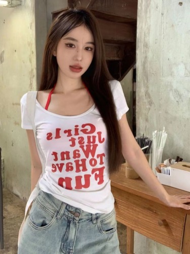 260g custom cut 1x1 Korean letter printed u-neck short-sleeved pure cotton right shoulder women's summer hottie top