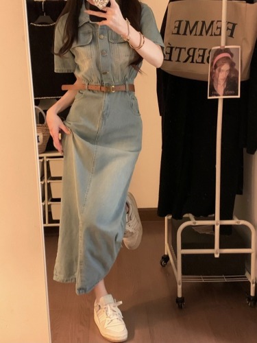 Short-sleeved denim dress for women summer 2024 new Hong Kong style retro chic temperament high-end waist long skirt