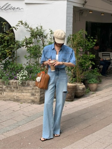 Summer high-waisted ripped straight jeans and slit trousers