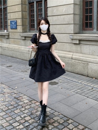 2024 New Sweet and Spicy Square Neck Dress Women's Summer Careful Backless Waist Slimming Bow Short Sleeve Skirt