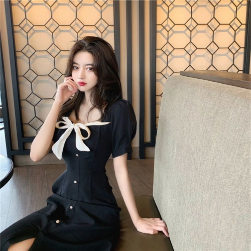 2024 new summer style French retro lace-up bow-tie waist slimming and age-reducing Platycodon noble temperament dress