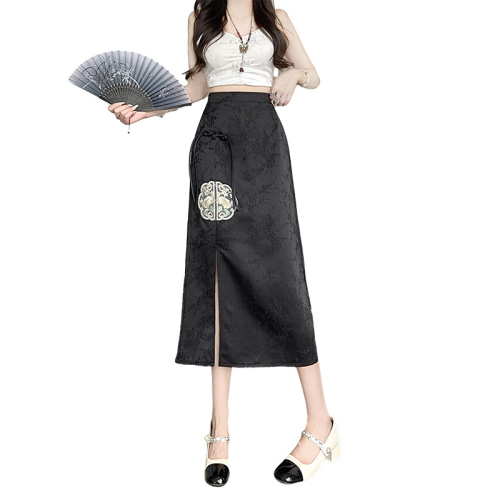 National style retro jacquard temperament hip-covering skirt women's new high-waisted mid-length one-step slit skirt