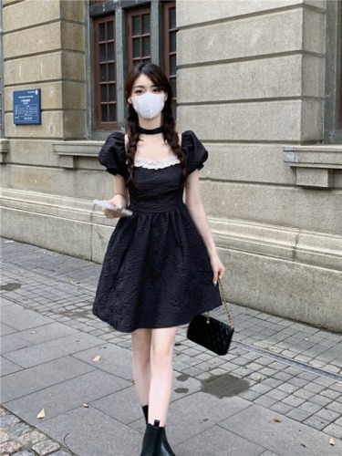 2024 New Sweet and Spicy Square Neck Dress Women's Summer Careful Backless Waist Slimming Bow Short Sleeve Skirt