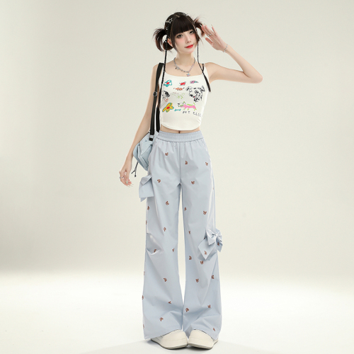 Real shot of bow bear print loose casual pants women's summer high waist wide leg pants floor mopping trousers