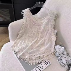 Korean style design crochet embroidery splicing tassel vest 2024 summer new solid color short slim top for women
