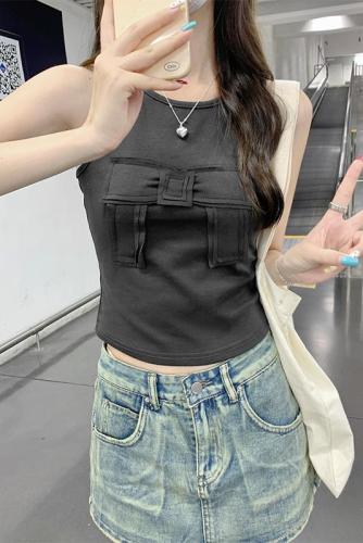 Real shot of three-dimensional bow racer vest for women summer new solid color slim fit short sleeveless top