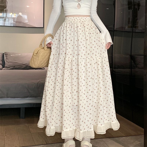 White skirt new style floral high waist spring and summer mid-length design niche long skirt irregular fairy skirt