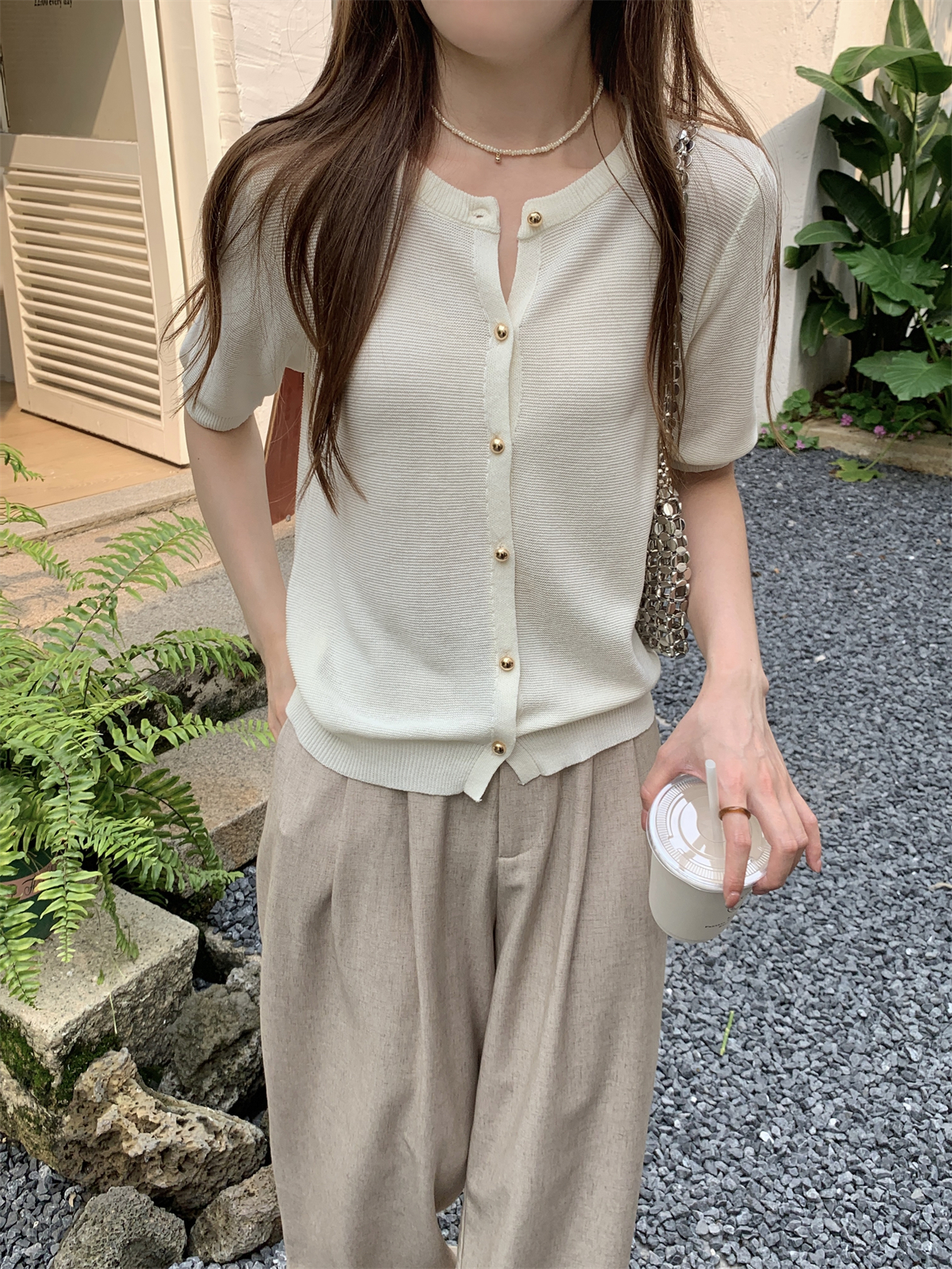 實拍 夏季韓版寬鬆氣質金屬扣高級感開衫針織短袖上衣