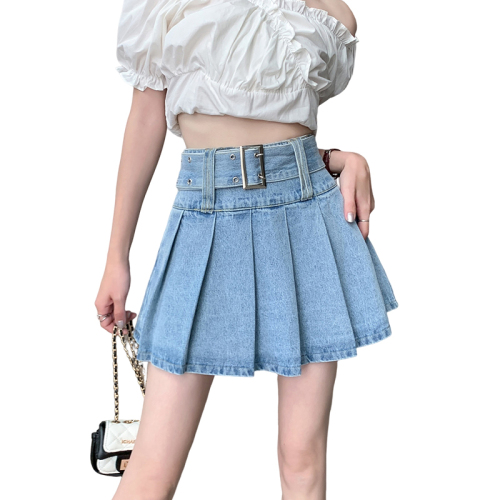 New internet celebrity hot girl pleated jeans skirt women's high waist slimming versatile pleated skirt