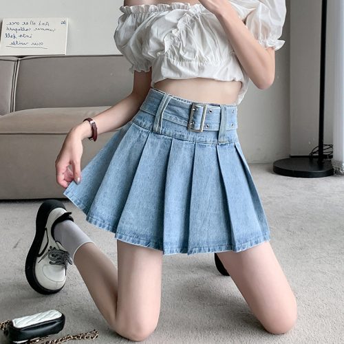 New internet celebrity hot girl pleated jeans skirt women's high waist slimming versatile pleated skirt