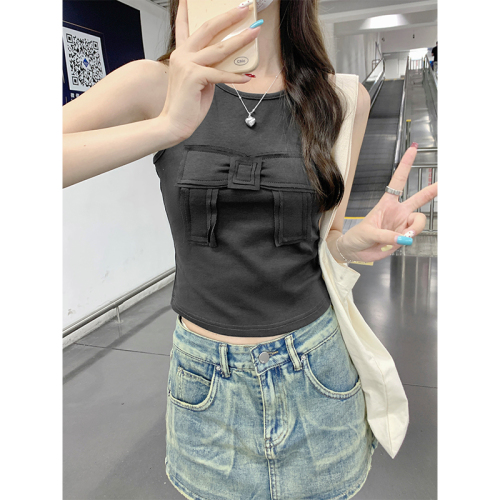 Real shot of three-dimensional bow racer vest for women summer new solid color slim fit short sleeveless top