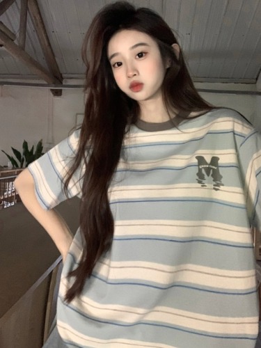 Real shot of cloud cotton short-sleeved T-shirt summer print loose trendy shoulder contrast round neck top Korean style women's clothing