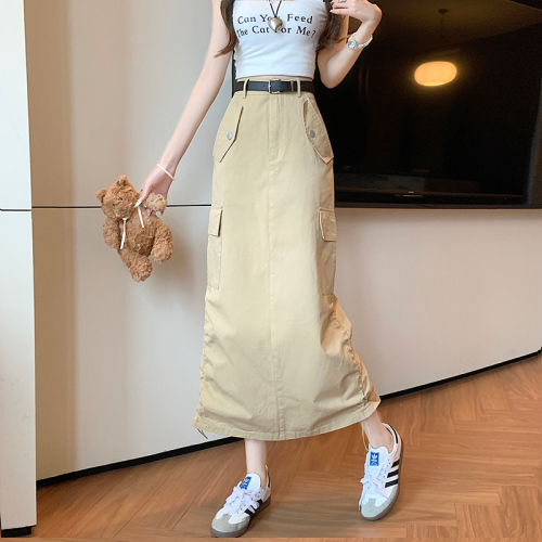 New version of quick-drying pleated work skirt, loose casual straight leg slit back skirt