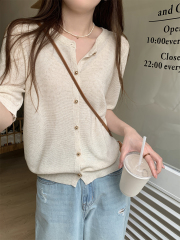 實拍 夏季韓版氣質金屬扣高級感苧麻開衫百搭針織短袖上衣