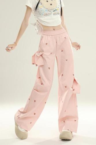 Real shot of bow bear print loose casual pants women's summer high waist wide leg pants floor mopping trousers