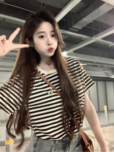 Real shot 230g original fabric short-sleeved T-shirt summer trend striped right shoulder slim short round neck top for women