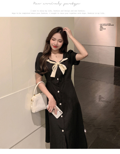 2024 new summer style French retro lace-up bow-tie waist slimming and age-reducing Platycodon noble temperament dress