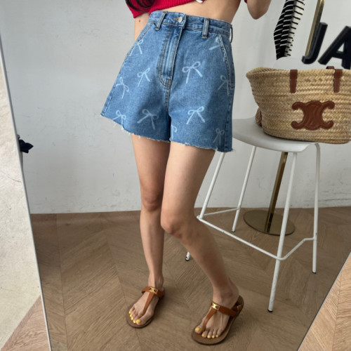 Vintage washed bow print wide leg denim shorts